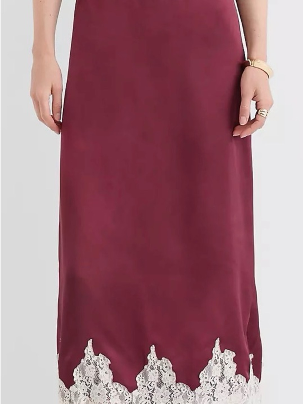 LOFT Burgundy Satin Maxi Skirt with Ivory Lace Hem